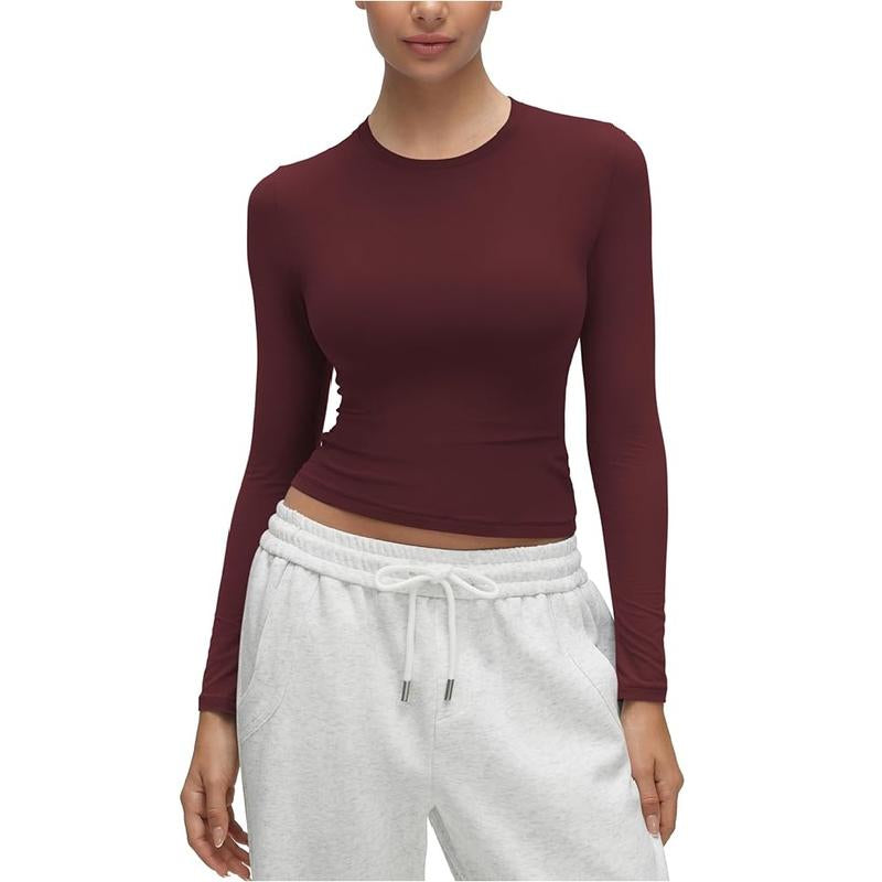 CRZ YOGA Long Sleeve Shirts for Women Soft Crew Neck Fall Basic Tight Tops Fitted Casual Going Out Tee Shirt